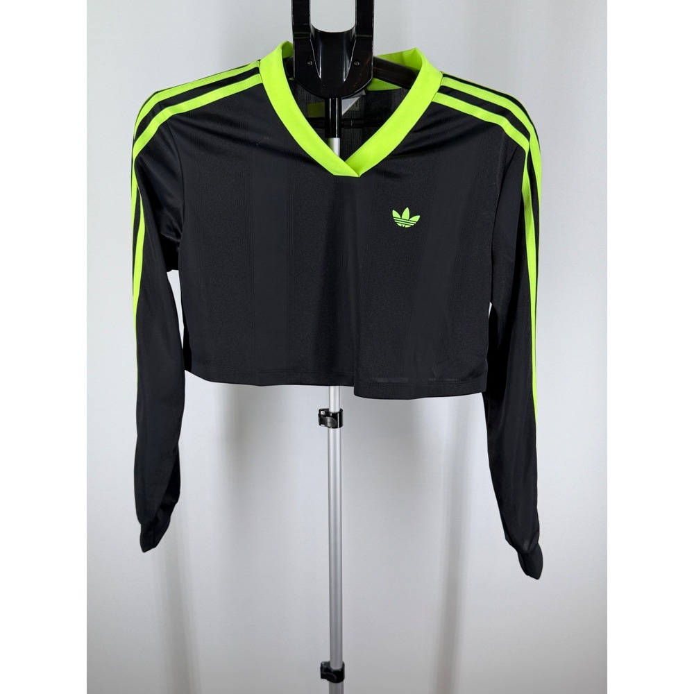 Adidas Originals Womens Crop Long Sleeve Jersey Top Black Neon Green XS
